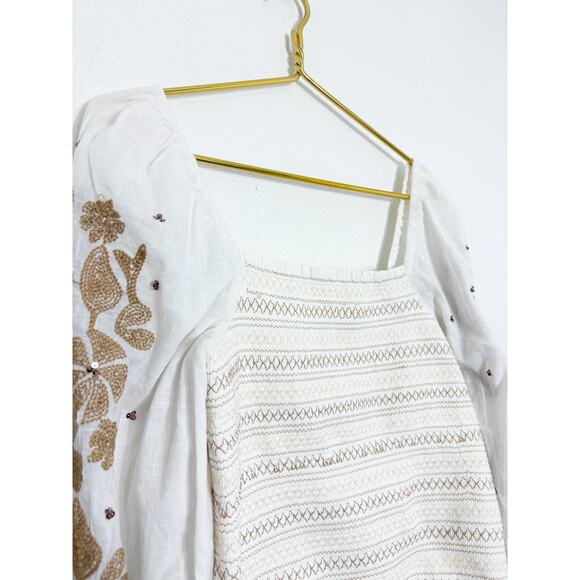 NWT Anthropologie Smocked Embroidered Top Size Small Cream Sequin Boho Chic - Picture 7 of 13